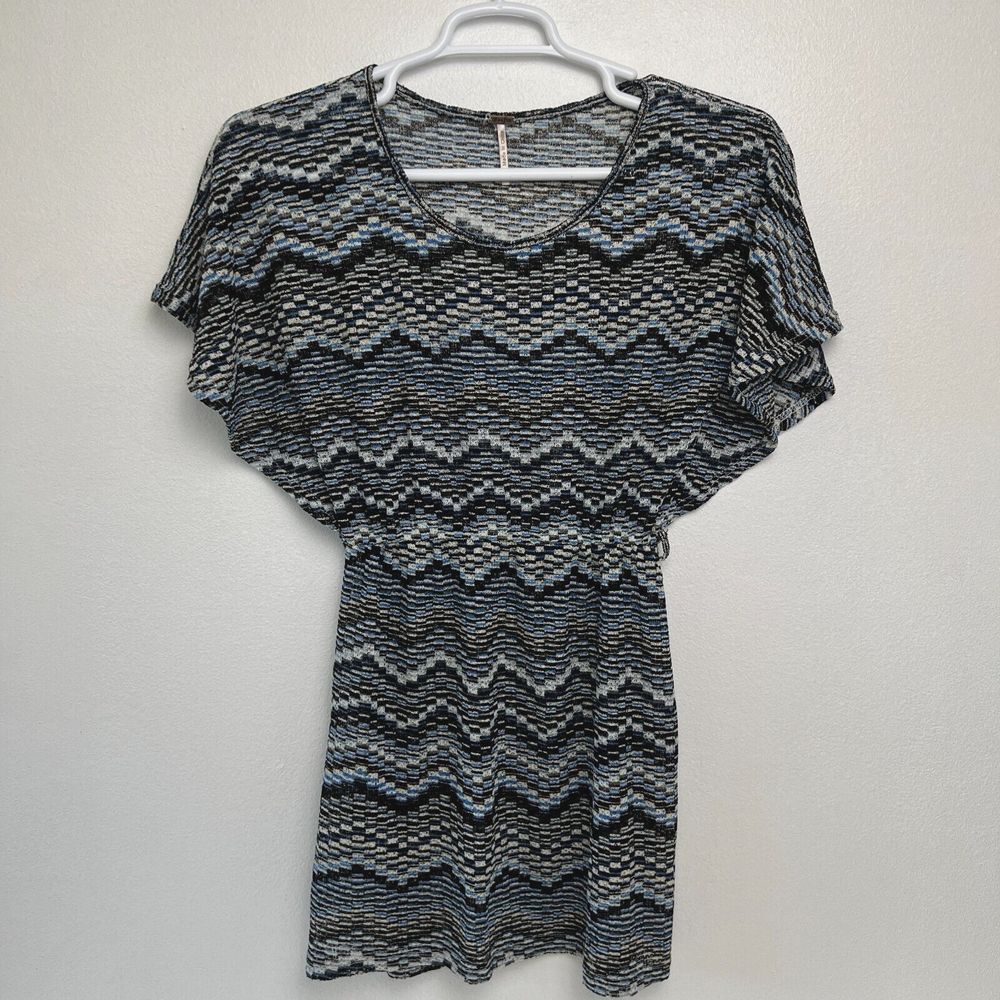 Poof Boho Casual Topper Blouse Womens Crochet Blue Multi Plaid Short Sleeve Larg